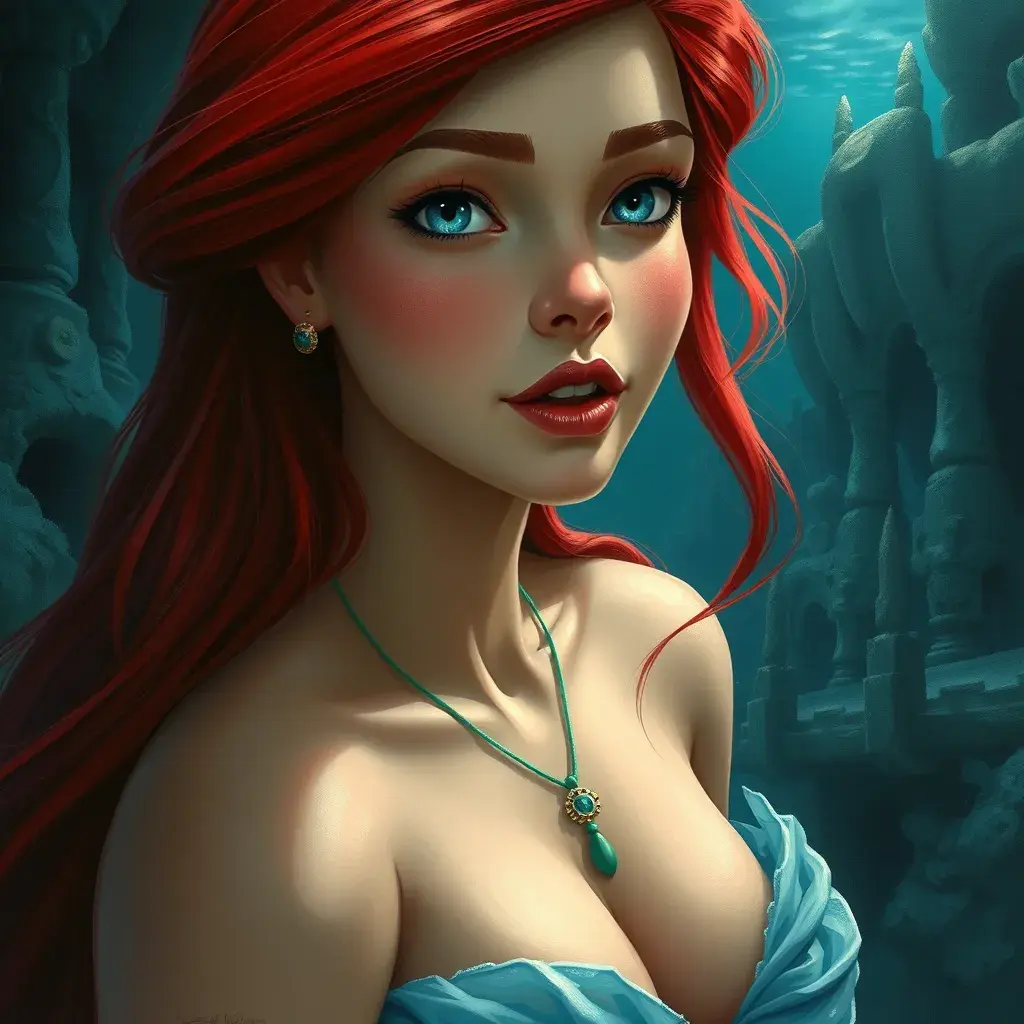 Matte portrait of Disney's Ariel in the under water city of Atlantis, Ultra Detailed, Half Body, Beautiful, Matte Painting, Sharp Focus, Portrait, Fantasy by Stefan Kostic