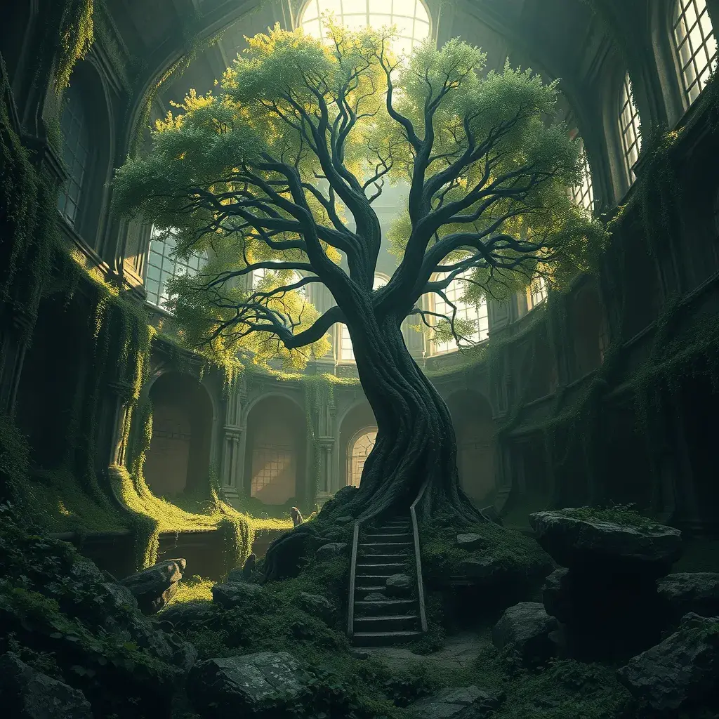 A Tree Of Life growing in the middle of overgrown ancient ruins indoors., 4k resolution, Hyper Detailed, Trending on Artstation, Volumetric Lighting, Concept Art, Digital Art, Fantasy, Dark by Greg Rutkowski
