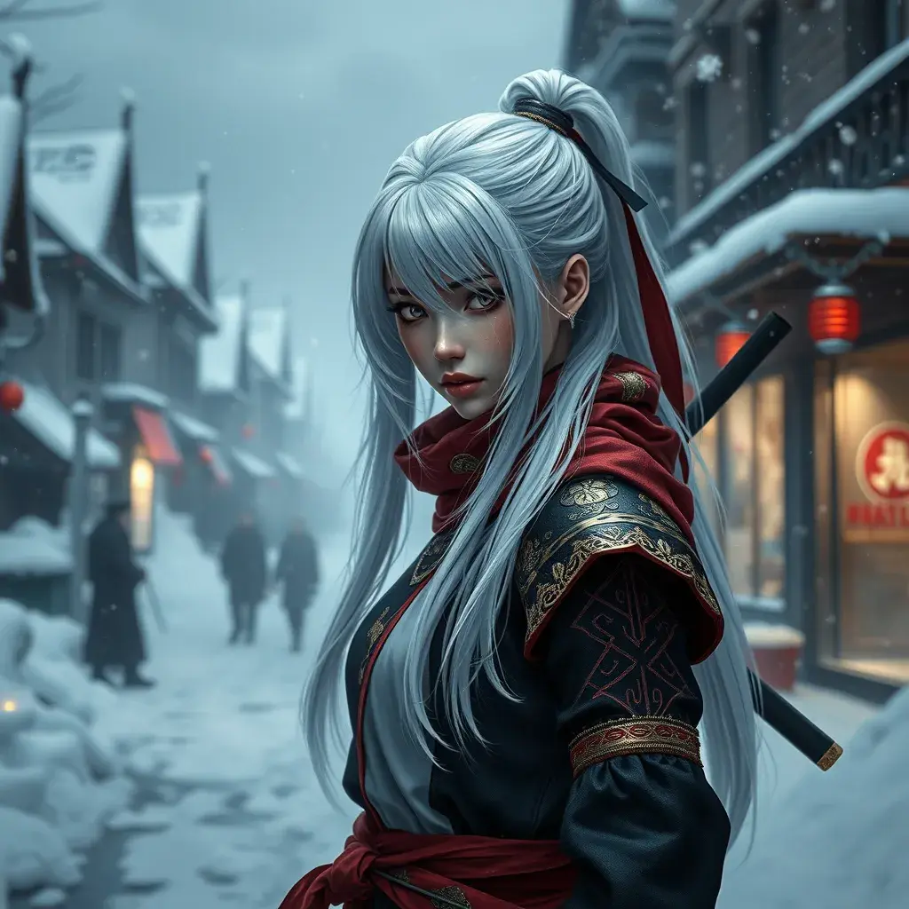 Mysterious beautiful white kunoichi ninja wearing black, red and gold in the streets of a dark snowy town in russia, 8k, Intricate Details, Trending on Artstation, White Hair