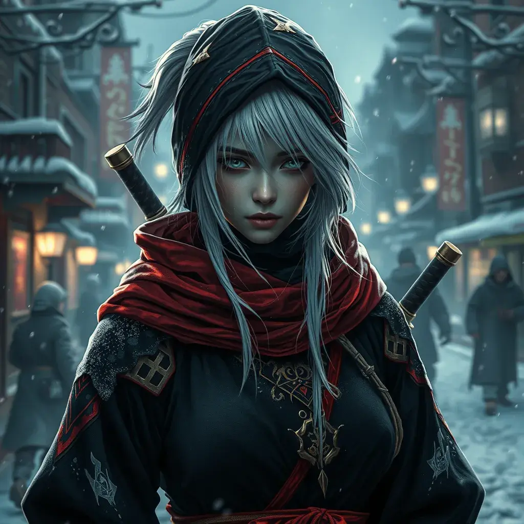 Mysterious beautiful white kunoichi ninja wearing black, red and gold in the streets of a dark snowy town in russia, 8k, Intricate Details, Trending on Artstation, White Hair by Greg Rutkowski