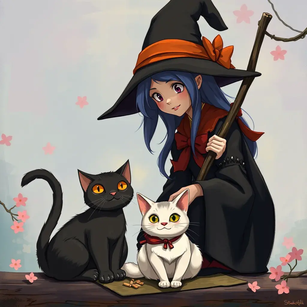 Kiki the witch and Jiji the cat, Highly Detailed, Beautiful, Digital Painting, Anime, Fantasy by Studio Ghibli