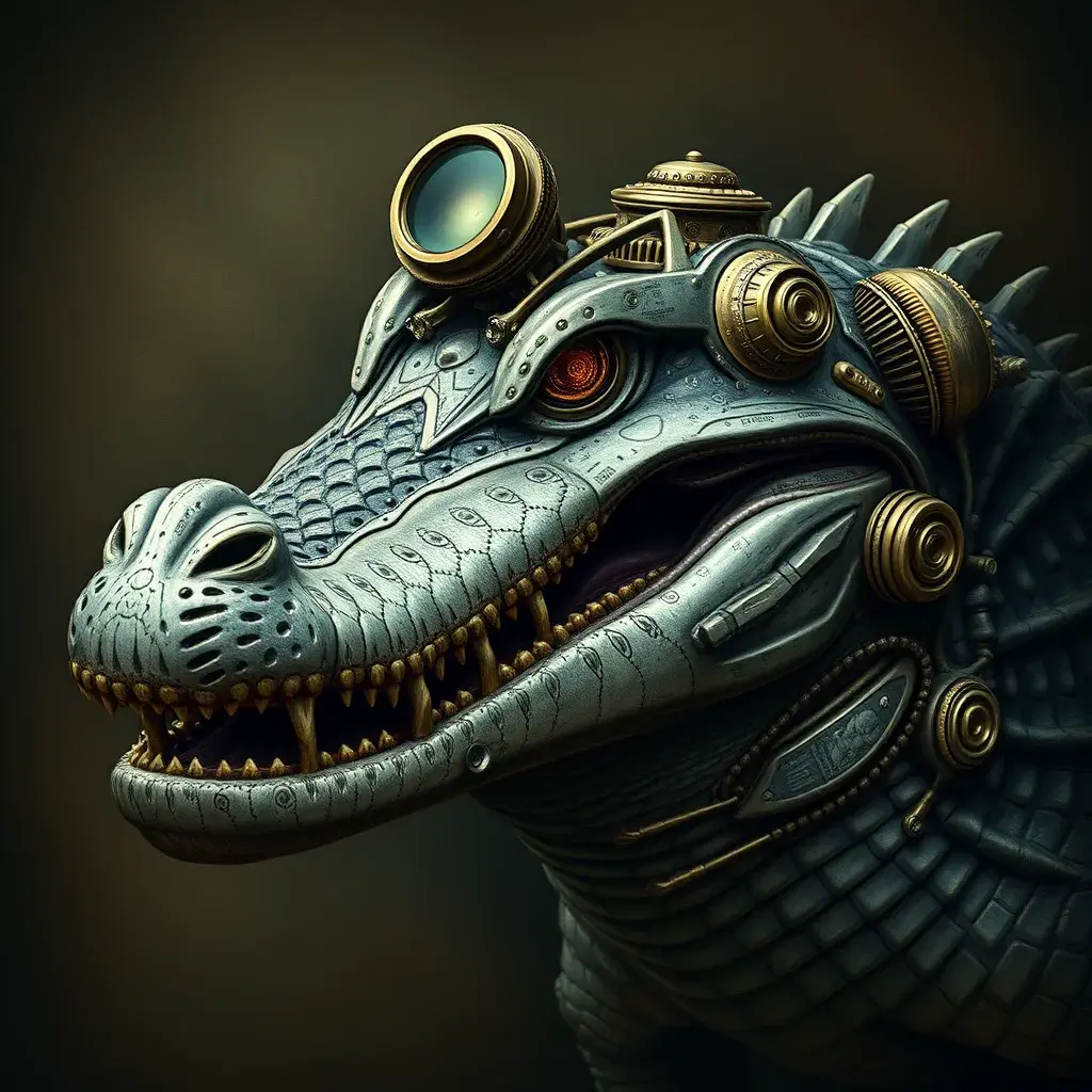 Steampunk portrait of a Crocodile, inspired by future technology, Highly Detailed, Steampunk by Stanley Artgerm Lau