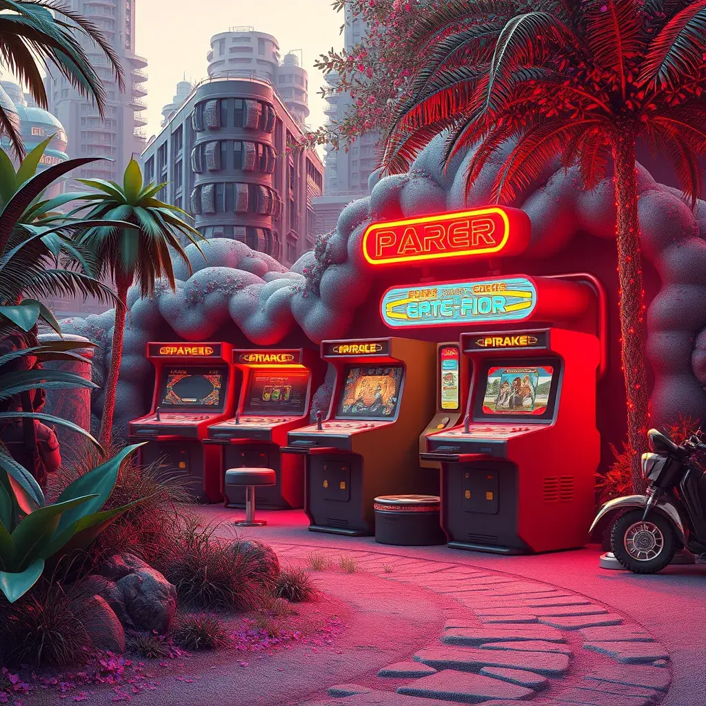 80s futuristic outdoor retro arcade, desolate, lush vegetation, Highly Detailed, Intricate, Artstation, Sharp Focus, Smooth, Octane Render, Centered, Dynamic, Elegant by Beeple, Justin Gerard, James Gilleard, Simon Stalenhag