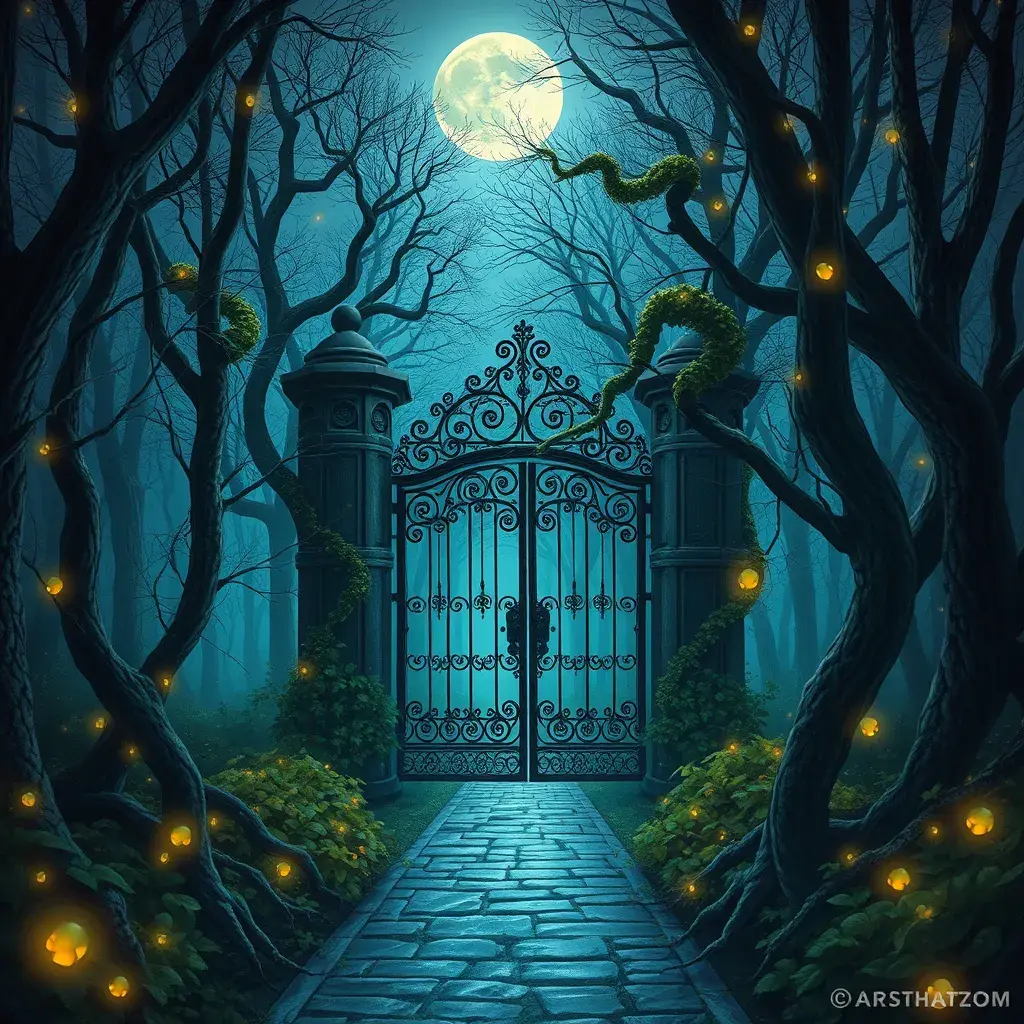 A beautiful digital illustration painting of a detailed gothic fantasy fireflies forest trees and iron gate cobblestone pathway vines full moon, Artstation, Digital Illustration, Concept Art
