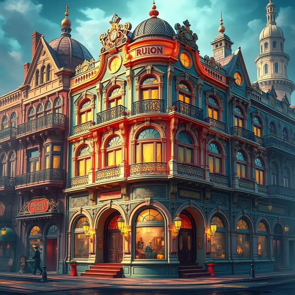 art nuveau exterior fantasy colorful building office space futuristic rococco baroques victorian, Highly Detailed, Masterpiece, Vintage Illustration, Cinematic Lighting, Photo Realistic, Sharp Focus, Smooth, Digital Art, Vector Art, Soft by Stanley Artgerm Lau