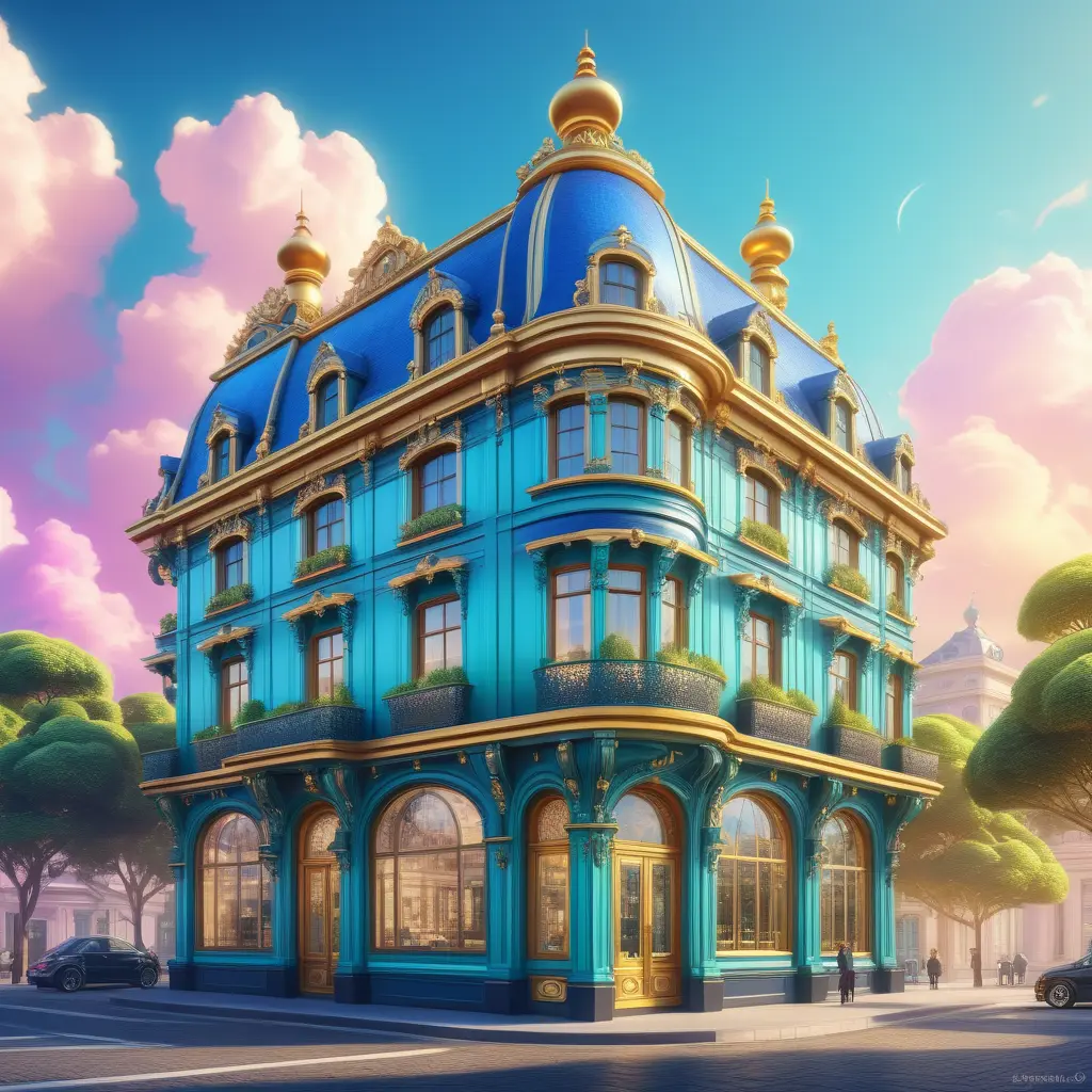art nuveau exterior fantasy colorful building office space futuristic rococco baroques victorian, Highly Detailed, Masterpiece, Vintage Illustration, Cinematic Lighting, Photo Realistic, Sharp Focus, Smooth, Digital Art, Vector Art, Soft by Stanley Artgerm Lau