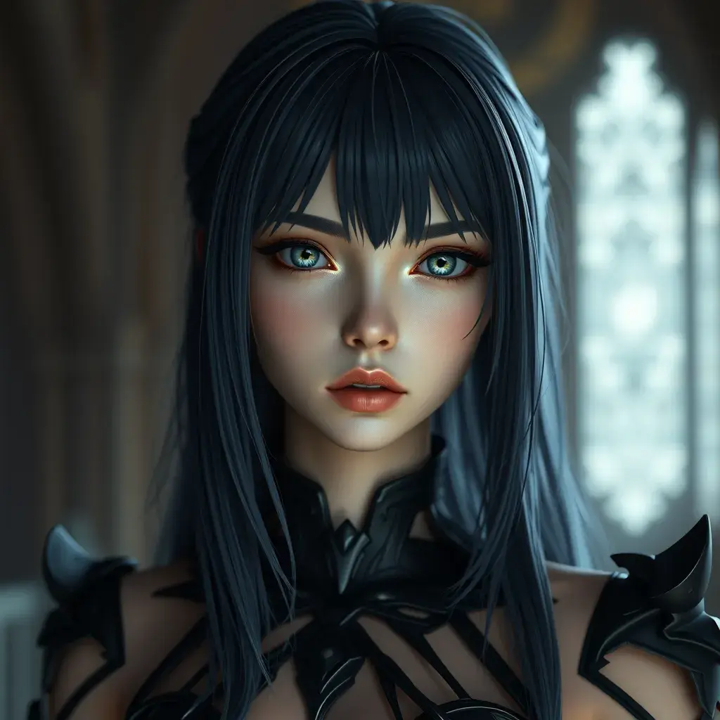 Matte portrait of the beautiful A2 from Nier Automata in dark blue, Highly Detailed, Intricate, Realistic, Sharp Focus, Volumetric Lighting, Fantasy, Elegant