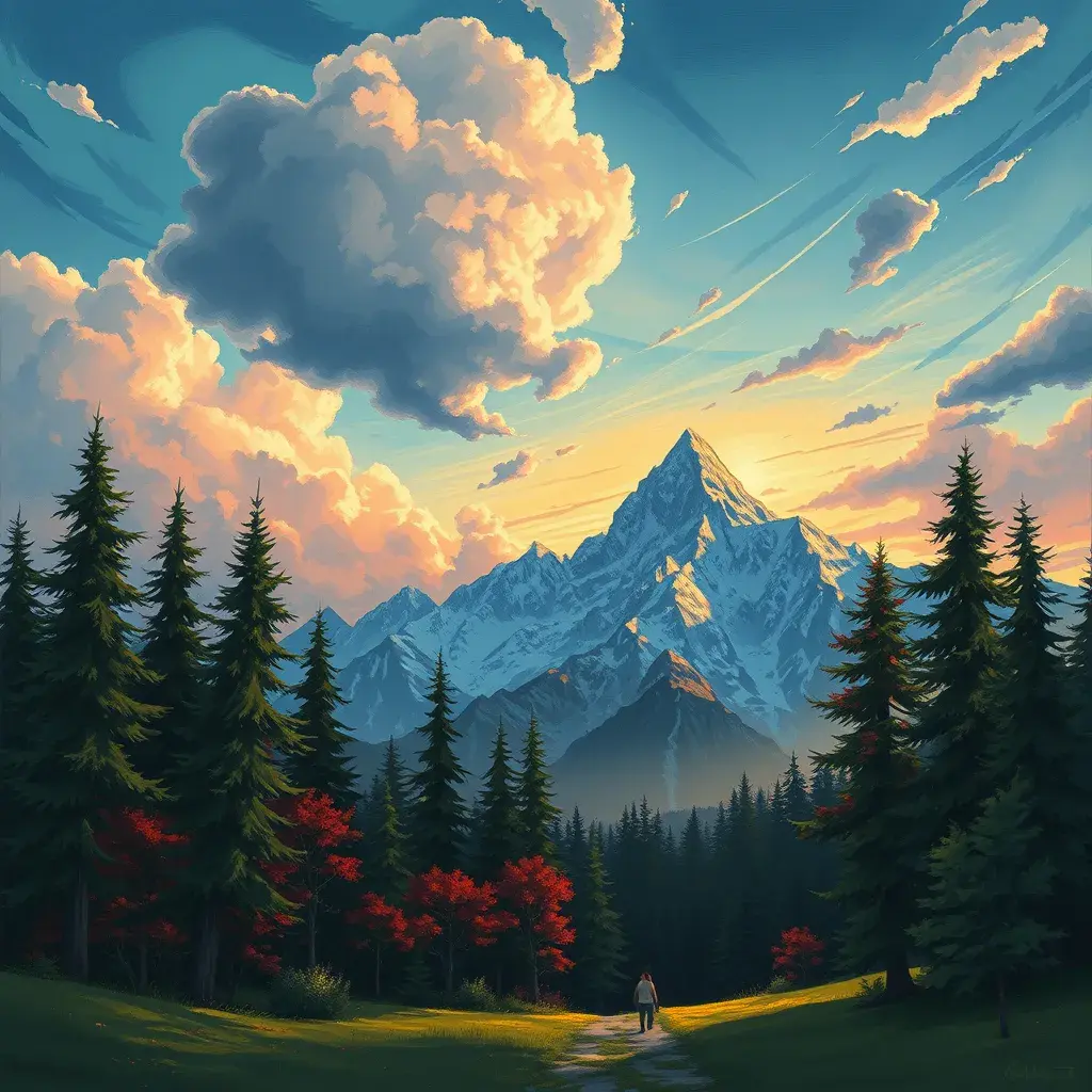 painting of evening sky, low thunder clouds foothpath with trees at indian summer with zugspitze fitz roy in background, colours green, red, blue black and white, acuarela, Highly Detailed, Beautiful, Digital Painting, Anime, Fantasy by Studio Ghibli