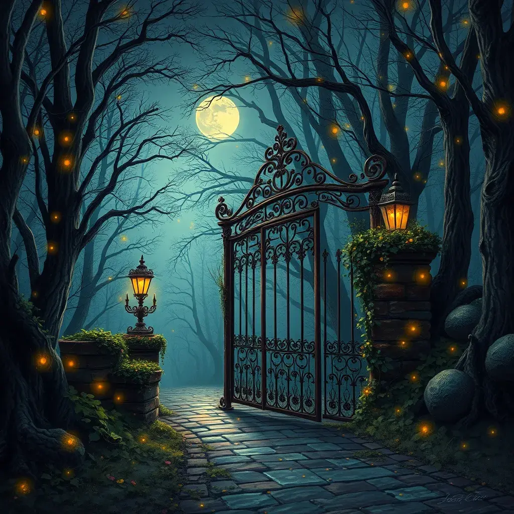 A beautiful digital illustration painting of a detailed gothic fantasy fireflies forest trees and iron gate cobblestone pathway vines full moon, Artstation, Digital Illustration, Concept Art