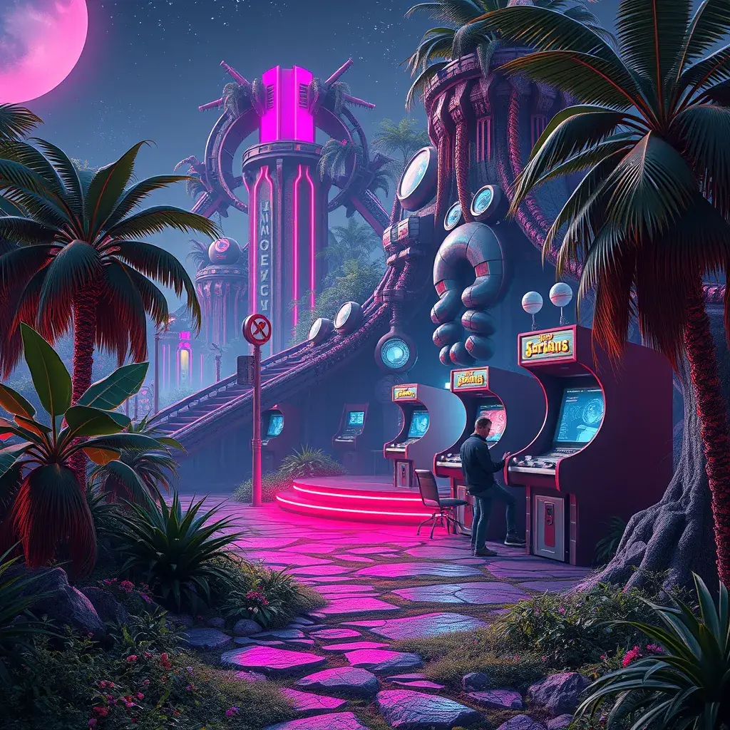 80s futuristic outdoor retro arcade, desolate, lush vegetation, Highly Detailed, Intricate, Artstation, Sharp Focus, Smooth, Octane Render, Centered, Dynamic, Elegant by Beeple, Justin Gerard, James Gilleard, Simon Stalenhag