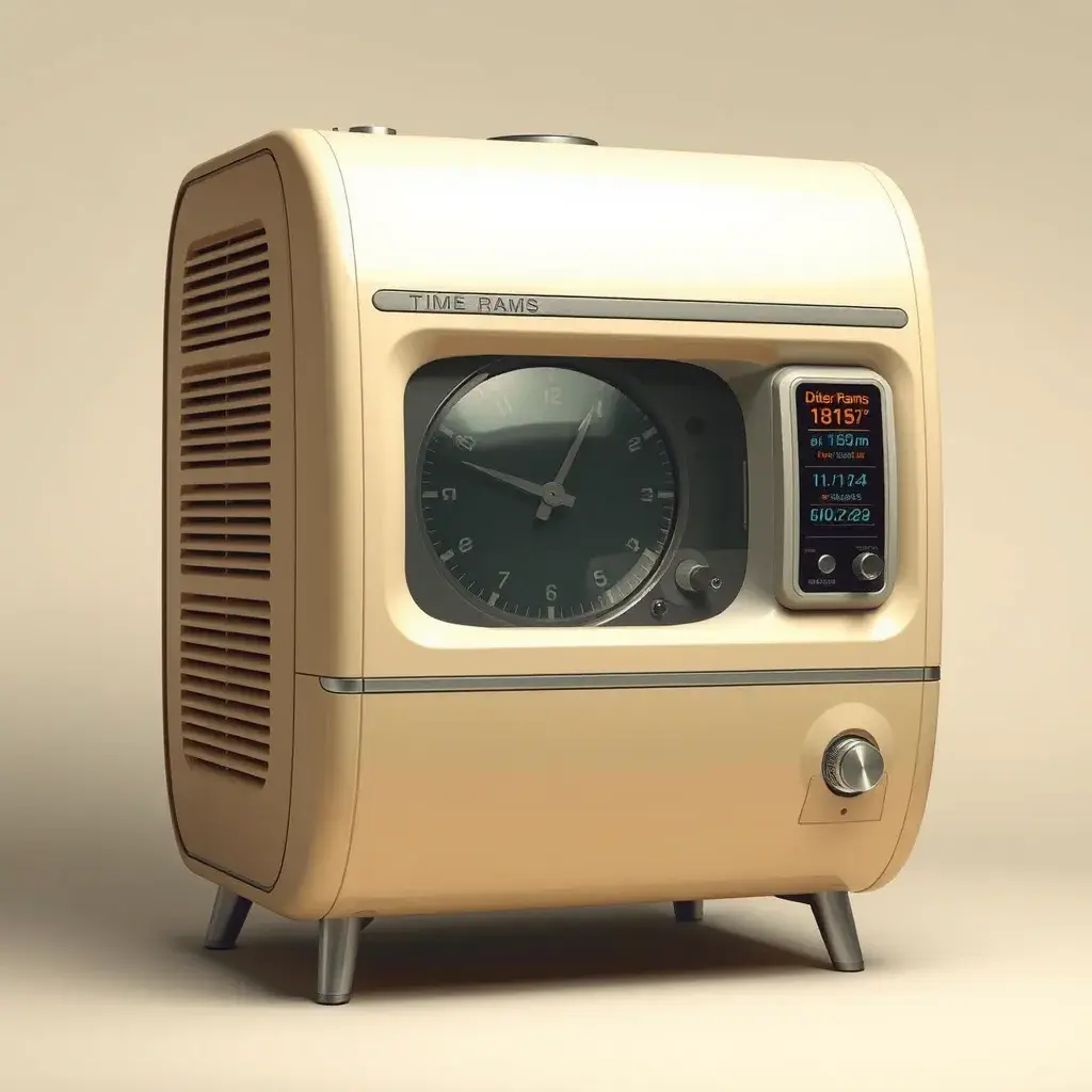 A Time Machine designed by Dieter Rams. stunning industrial design. Natural colors, mid century modern design, Highly Detailed, Hyper Detailed, Vintage Illustration, Sharp Focus, Smooth, Octane Render, Vector Art