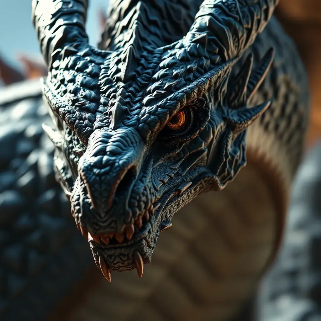 Closeup portrait of a fierce dragon in a fantasy world of dragons, Highly Detailed, Sharp Focus, Volumetric Lighting