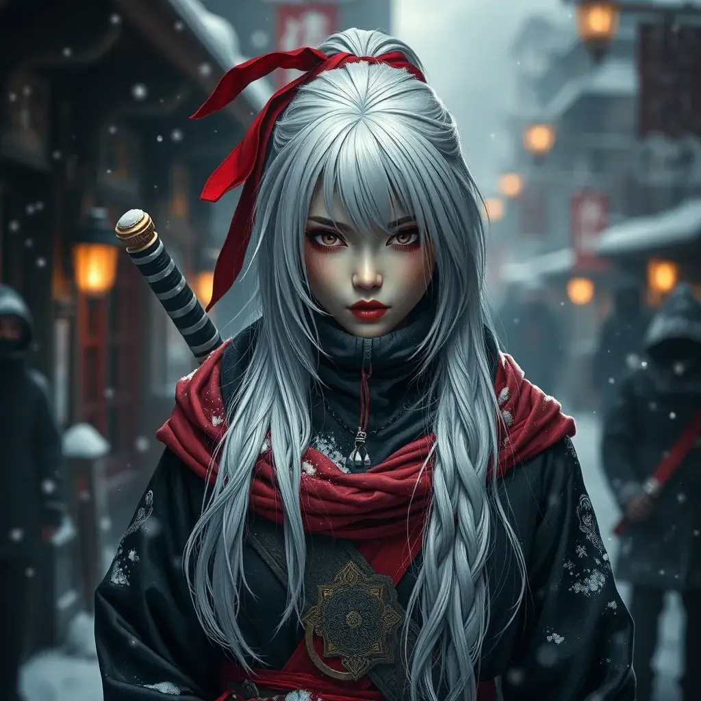 Mysterious beautiful white kunoichi ninja wearing black, red and gold in the streets of a dark snowy town in russia, 8k, Intricate Details, Trending on Artstation, White Hair by Stefan Kostic