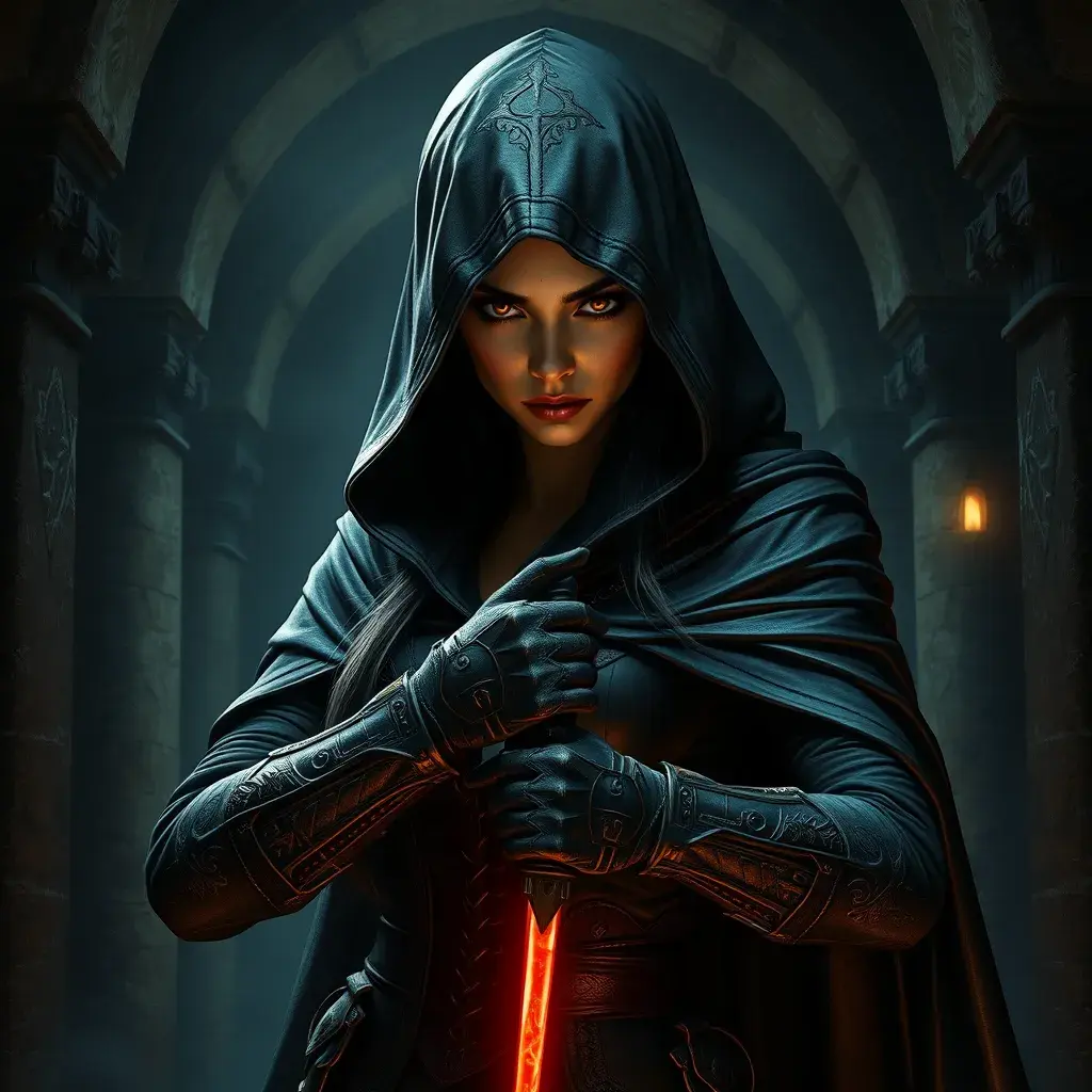 Full body matte portrait of a beautiful veiled armed female Assassin in a dungeon, Gothic and Fantasy, Volumetric Lighting, Fantasy, Threatening by Stanley Artgerm Lau