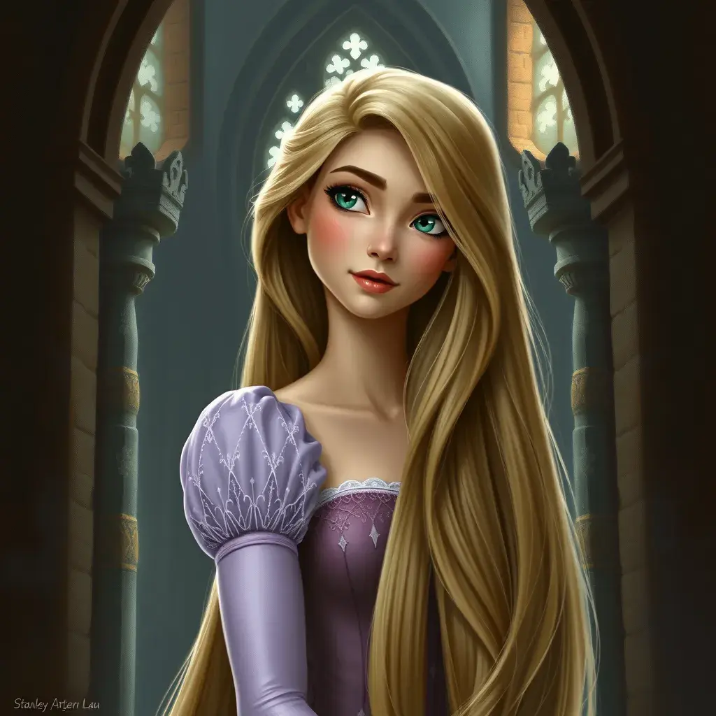 Matte portrait of Disney's Rapunzel inside a castle, Ultra Detailed, Half Body, Beautiful, Matte Painting, Sharp Focus, Portrait, Fantasy by Stanley Artgerm Lau