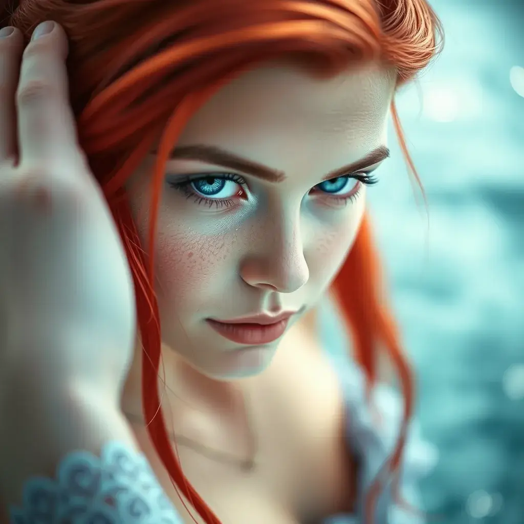 Ariel the mermaid with blue eyes, Half Body, Beautiful, Sharp Focus, Fantasy by Stefan Kostic