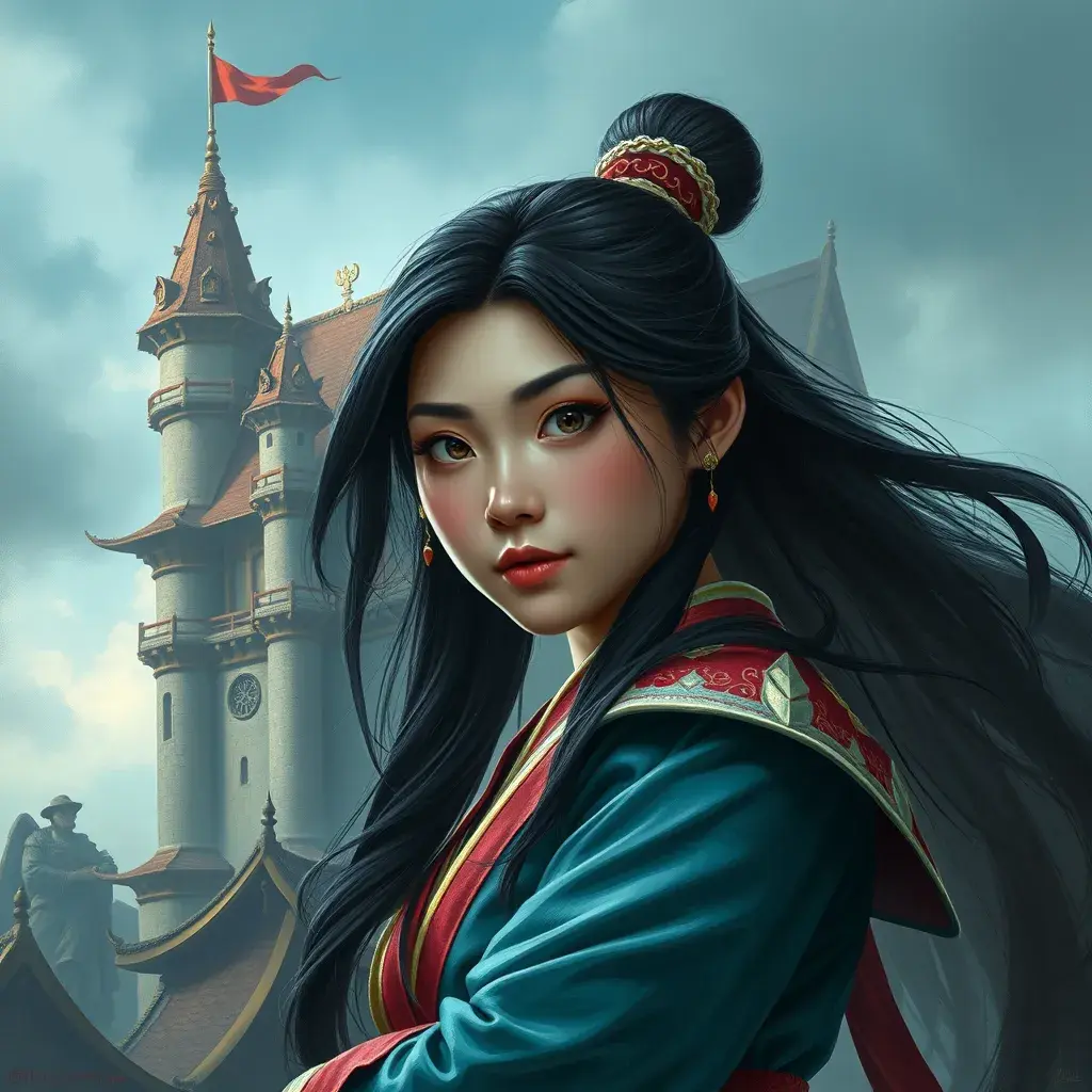 Matte portrait of Mulan inside a castle, Ultra Detailed, Half Body, Beautiful, Matte Painting, Sharp Focus, Portrait, Fantasy by Stanley Artgerm Lau