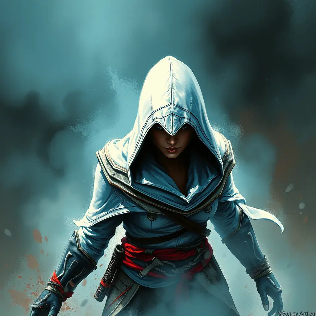 White hooded Assassin's Creed female assassin emerging from the fog of battle, Highly Detailed, Vibrant Colors, Ink Art, Fantasy, Dark by Stanley Artgerm Lau