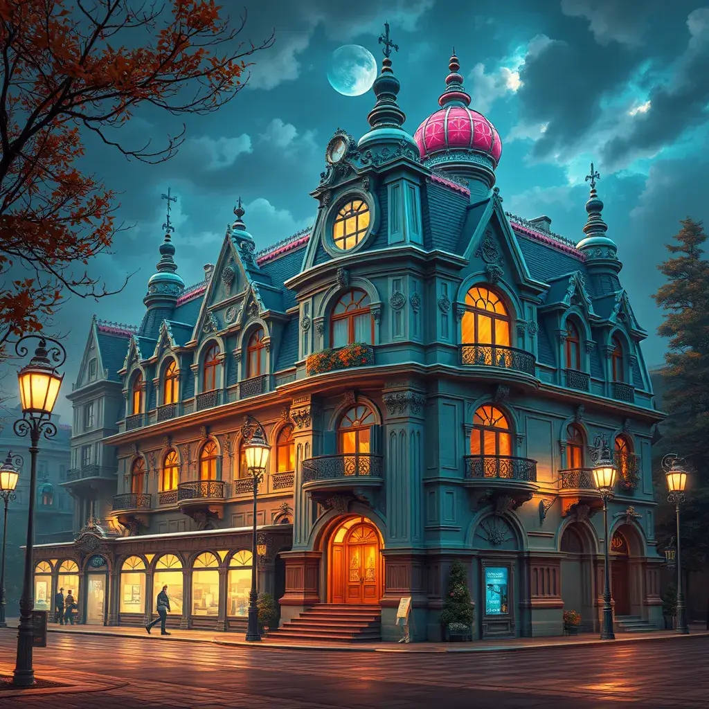 art nuveau exterior fantasy colorful building office space futuristic rococco baroques victorian, Highly Detailed, Masterpiece, Vintage Illustration, Cinematic Lighting, Photo Realistic, Digital Art by Stefan Kostic