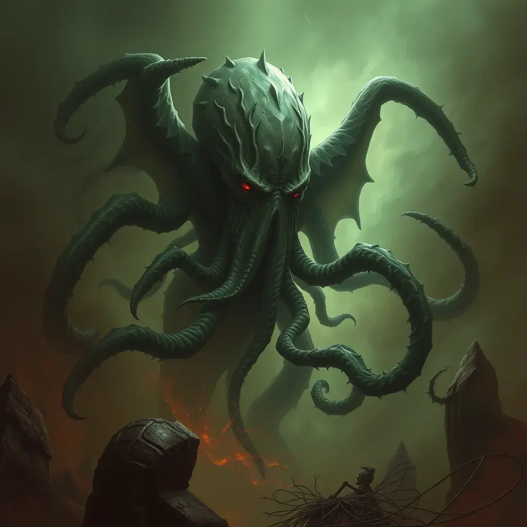 Cthulhu monster, Eldritch, Fantasy, Apocalyptic, Doom, Dreadful, Forbidding, Frightful, Harrowing, Ominous, Shocking, Terrifying, Threatening, Unnerving