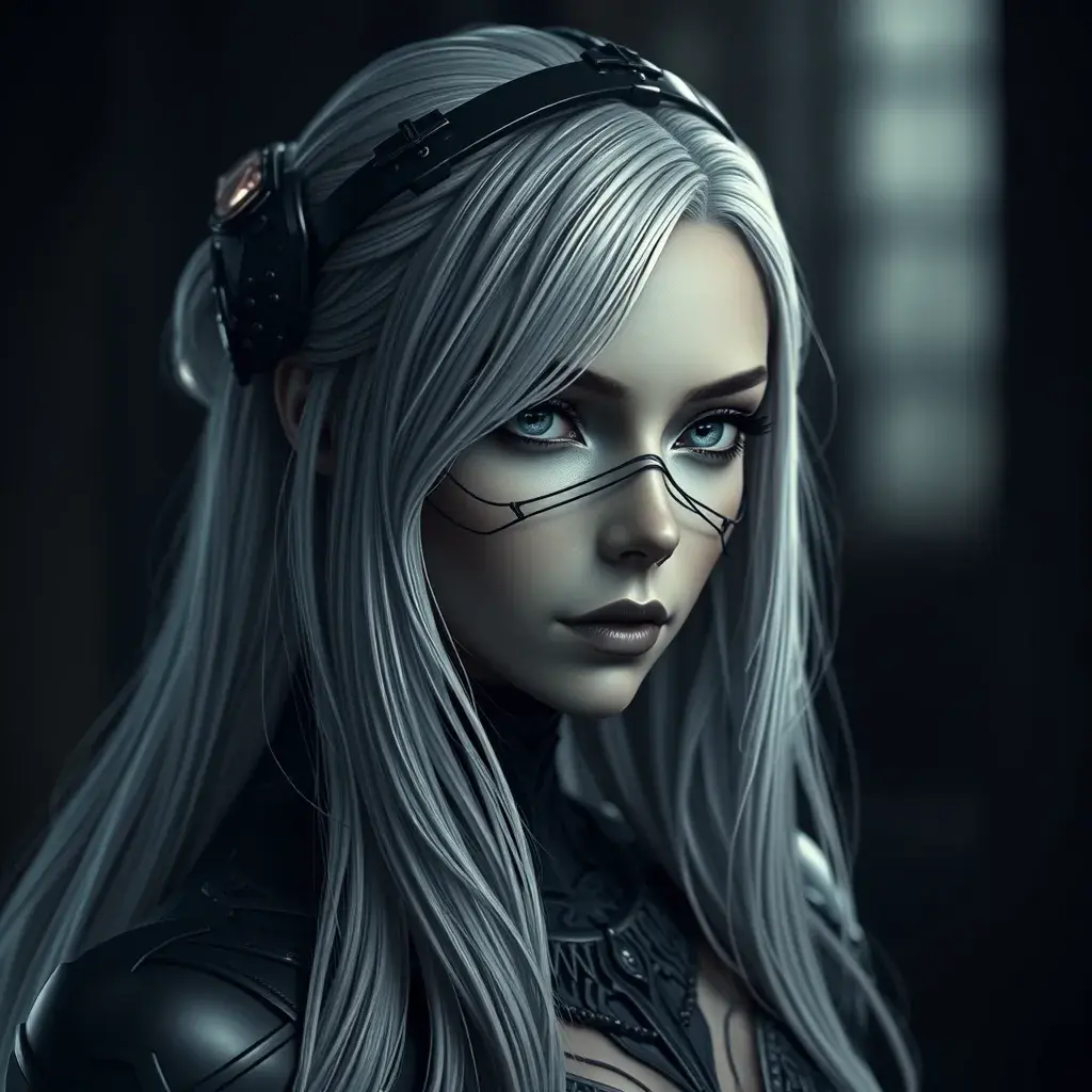 Matte portrait of the beautiful A2 from Nier Automata in dark blue, Highly Detailed, Intricate, Realistic, Sharp Focus, Volumetric Lighting, Fantasy, Elegant