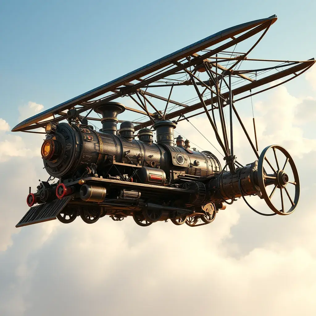 A futuristic hybrid of a steam engine train and a DaVinci flying machine, Steampunk