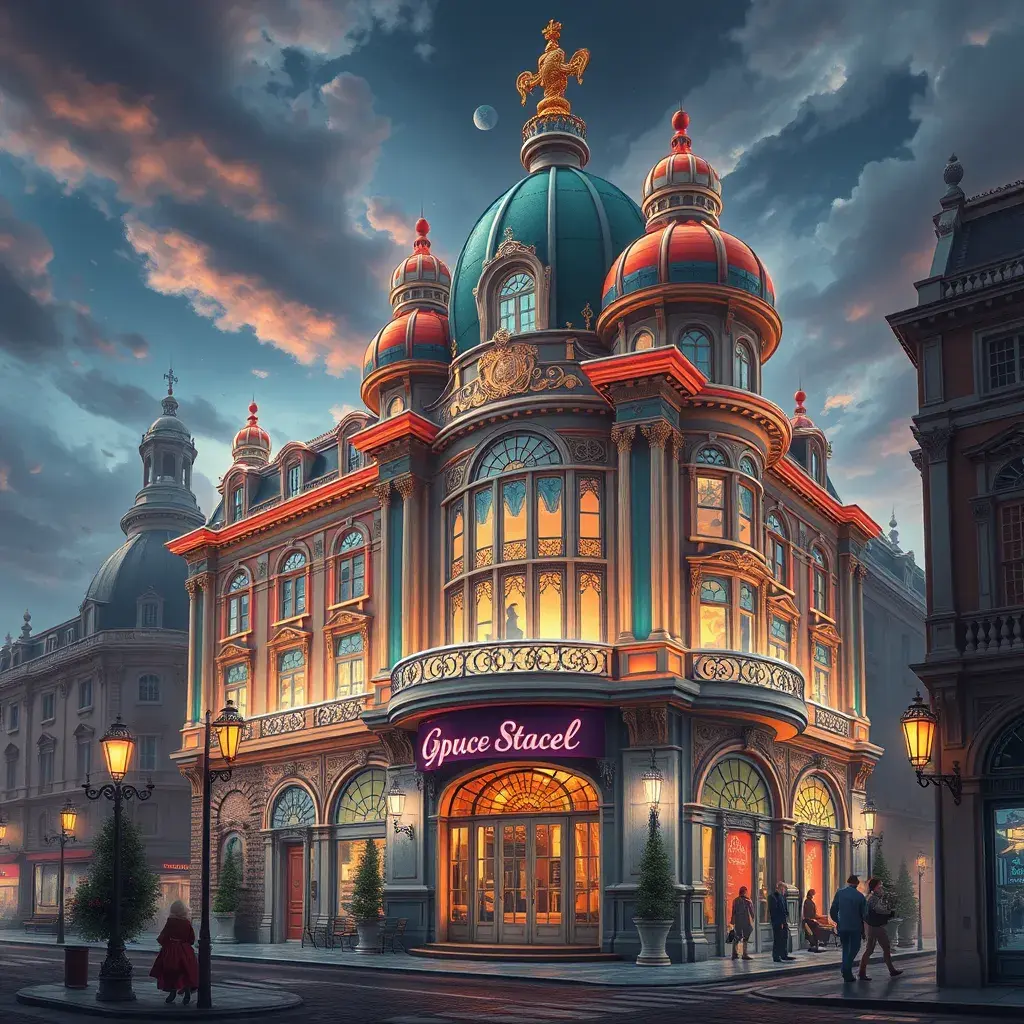 art nuveau exterior fantasy colorful building office space futuristic rococco baroques victorian, Highly Detailed, Masterpiece, Vintage Illustration, Cinematic Lighting, Photo Realistic, Sharp Focus, Smooth, Digital Art, Vector Art, Soft