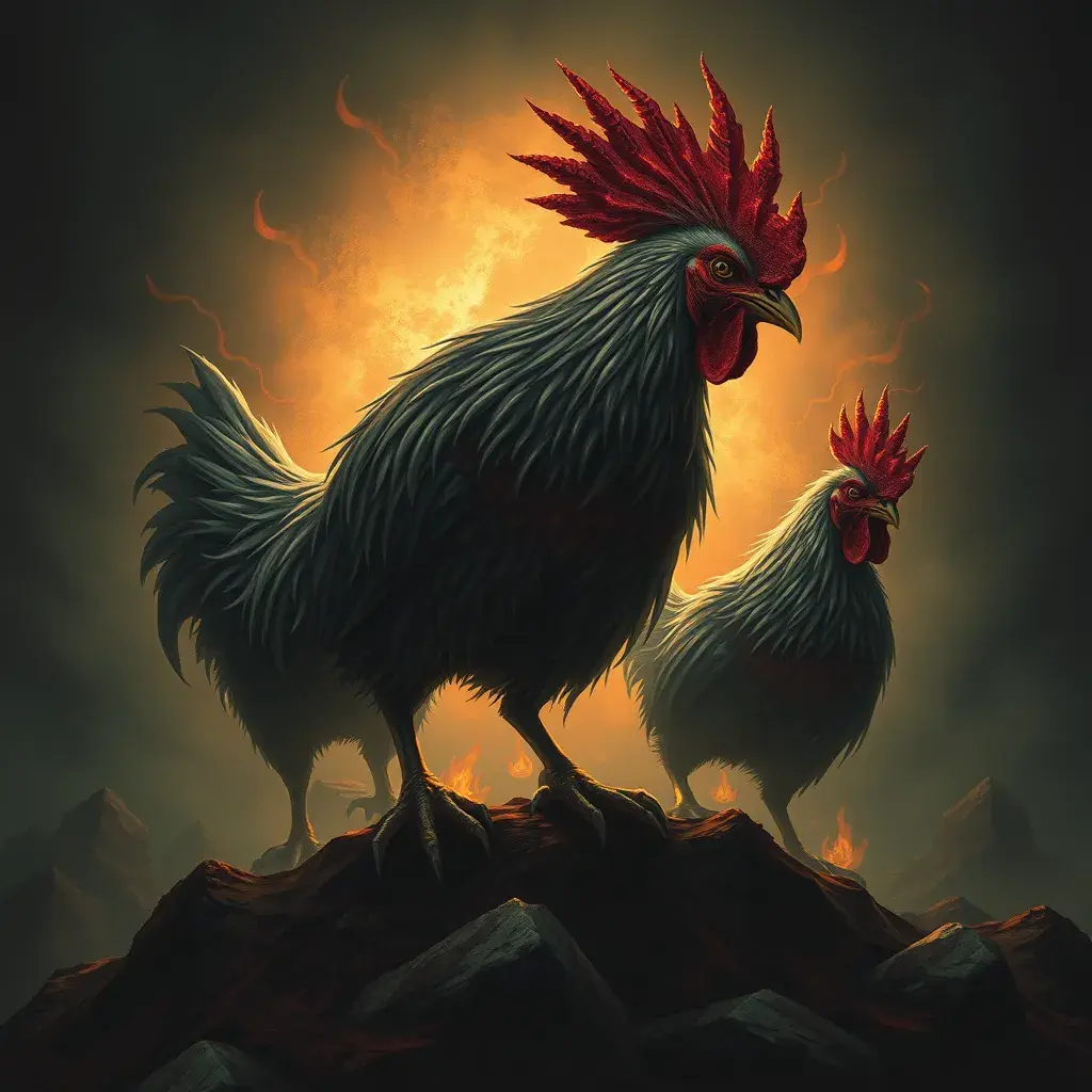 evil chickens of doom, Eldritch, Fantasy, Apocalyptic, Doom, Dreadful, Forbidding, Frightful, Harrowing, Ominous, Shocking, Terrifying, Threatening, Unnerving