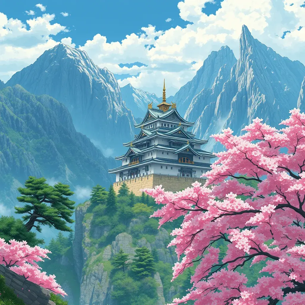 Landscape of a large japanese castle in the tall mountains, with matsu pine trees, with sakura cherry trees, Highly Detailed, Beautiful, Digital Painting, Anime, Fantasy by Studio Ghibli