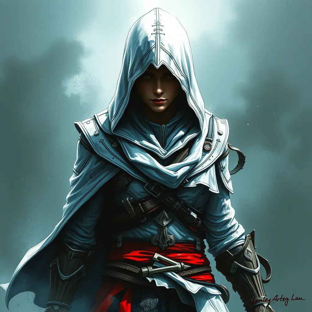 White hooded Assassin's Creed female assassin emerging from the fog of battle, Highly Detailed, Vibrant Colors, Ink Art, Fantasy, Dark by Stanley Artgerm Lau