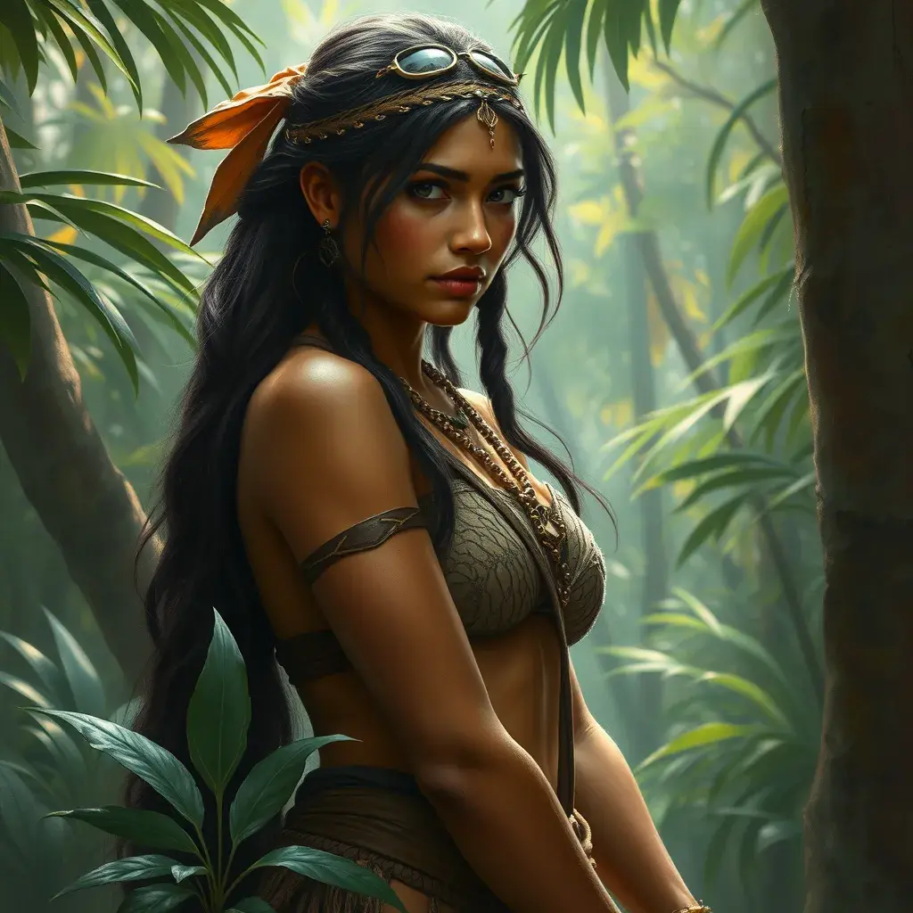 Pocahontas in the jungle, Ultra Detailed, Half Body, Beautiful, Matte Painting, Sharp Focus, Portrait, Fantasy by Stefan Kostic