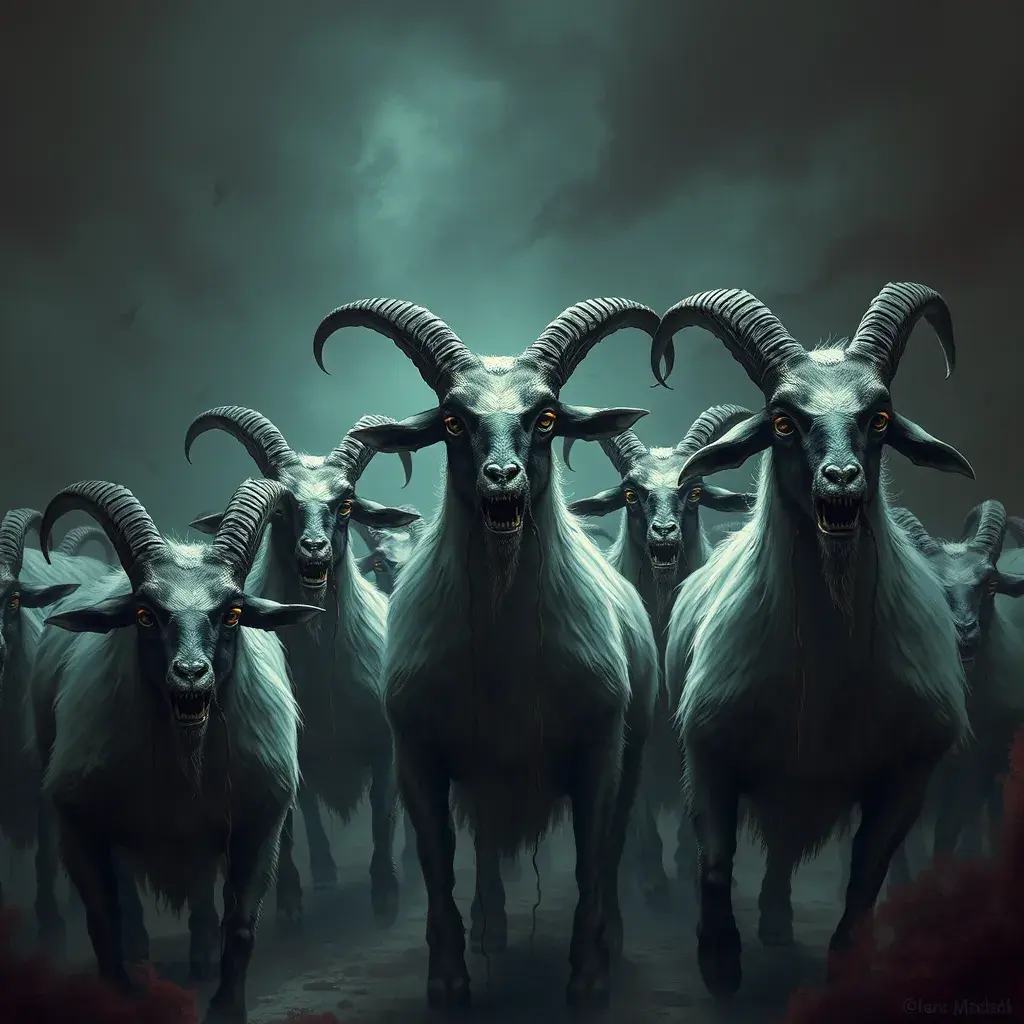 A flock of evil goats monsters, Eldritch, Fantasy, Apocalyptic, Doom, Dreadful, Forbidding, Frightful, Harrowing, Ominous, Shocking, Terrifying, Threatening, Unnerving