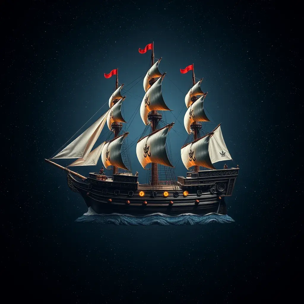 Pirate Ship, Intricate, Ultra Detailed, Symmetry, Beautiful, Sharp Focus, Astrophotography, Centered, Volumetric Lighting