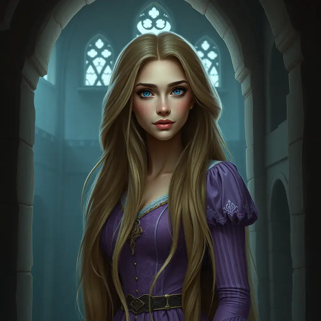 Matte portrait of Rapunzel inside a castle, Ultra Detailed, Half Body, Beautiful, Matte Painting, Sharp Focus, Portrait, Fantasy by Stefan Kostic