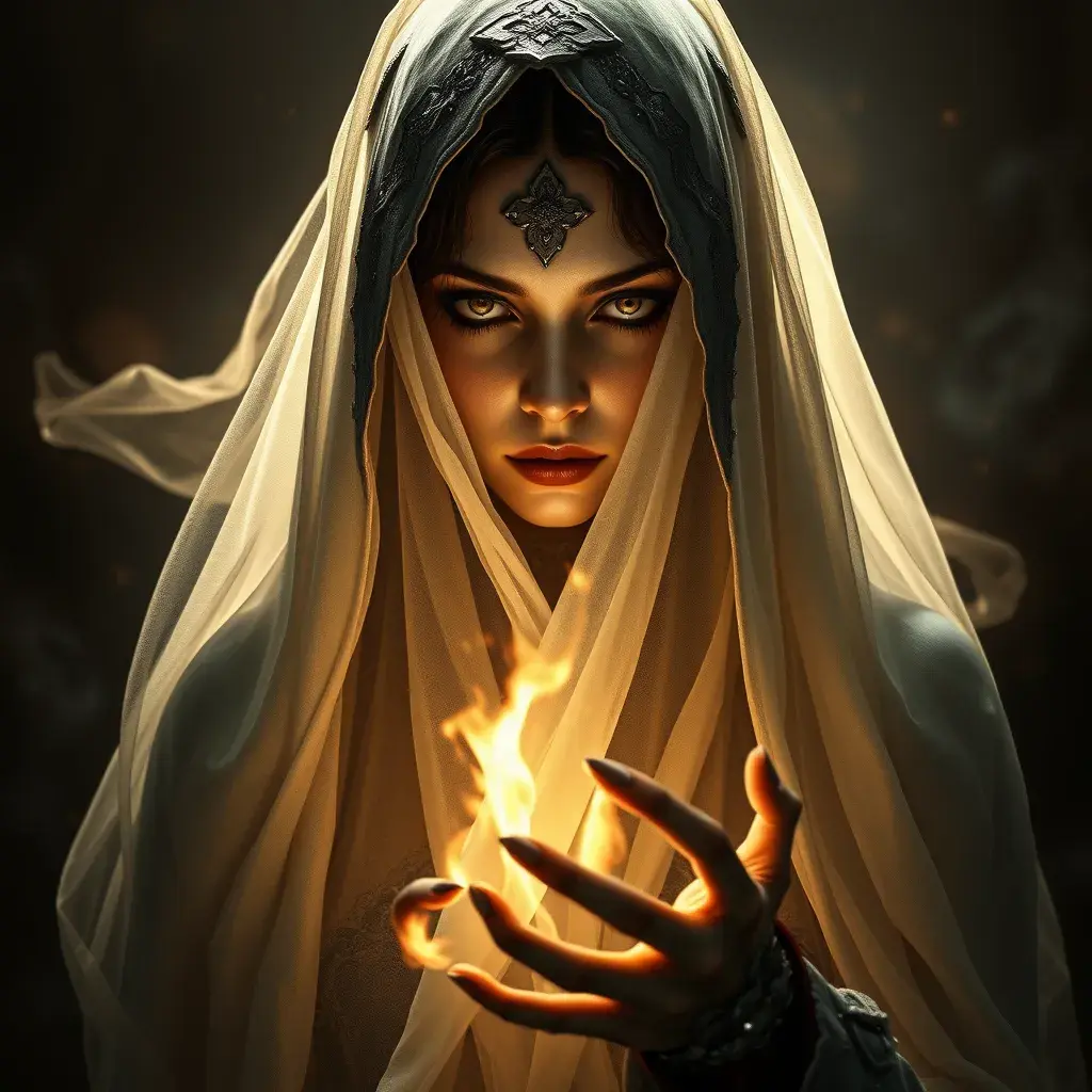 Veiled female necromancer, Gothic and Fantasy, Elden Ring, Photo Realistic, Dynamic Lighting by Stanley Artgerm Lau, Greg Rutkowski
