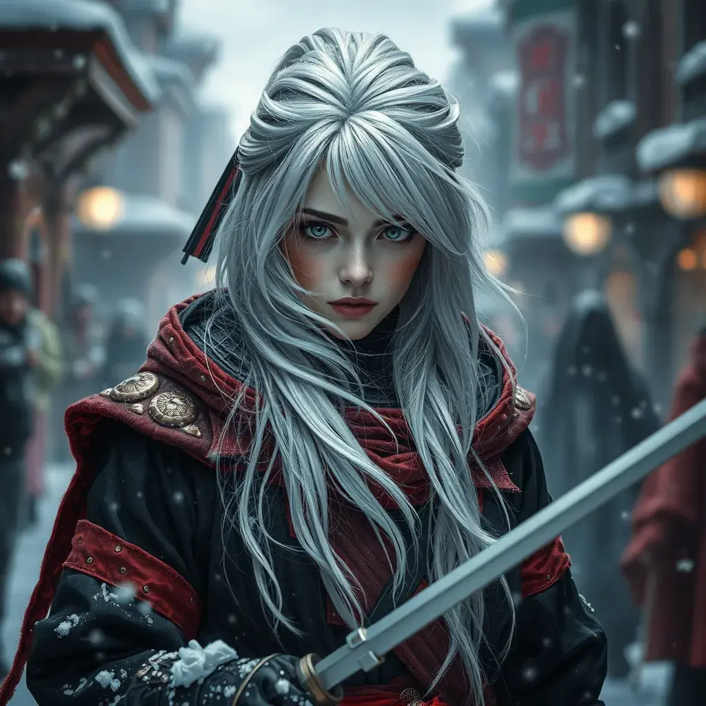 Mysterious beautiful white kunoichi ninja wearing black, red and gold in the streets of a dark snowy town in russia, Intricate Details, White Hair, Photo Realistic by Greg Rutkowski