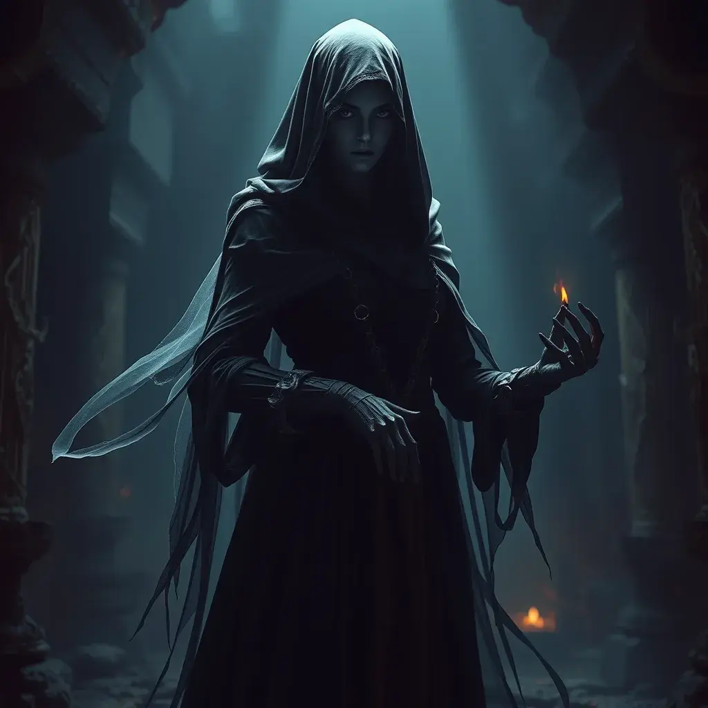 Full body portrait of a beautiful veiled armed female wraith in a dungeon, Gothic and Fantasy, Volumetric Lighting, Fantasy, Threatening by Greg Rutkowski