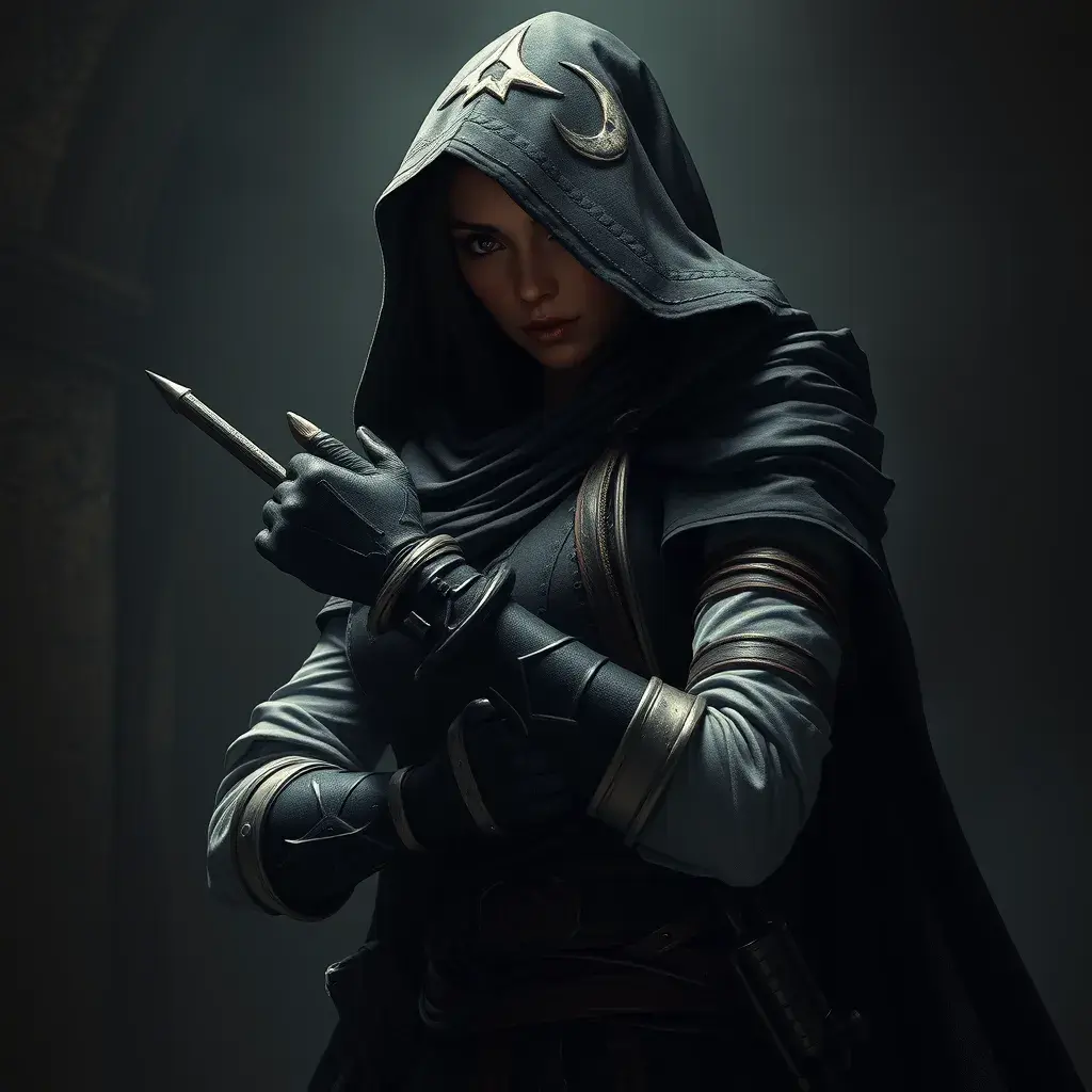 Full body matte portrait of a beautiful veiled armed female Assassin in a dungeon, Gothic and Fantasy, Volumetric Lighting, Fantasy, Threatening by Stanley Artgerm Lau