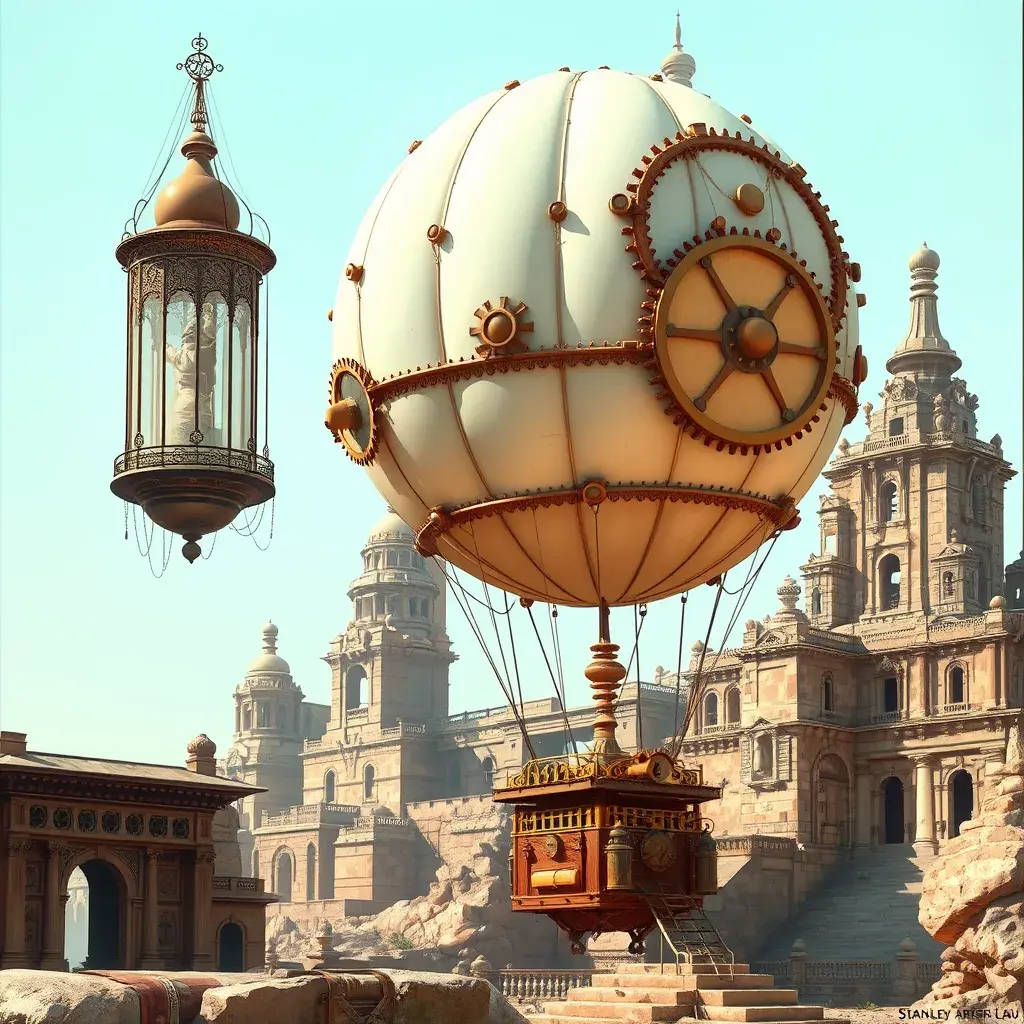 White steampunk hot air balloon with gears, Victorian style Ancient buildings, archeological ruins of lost civilizations and technology, Steampunk, Iridescence by Stanley Artgerm Lau