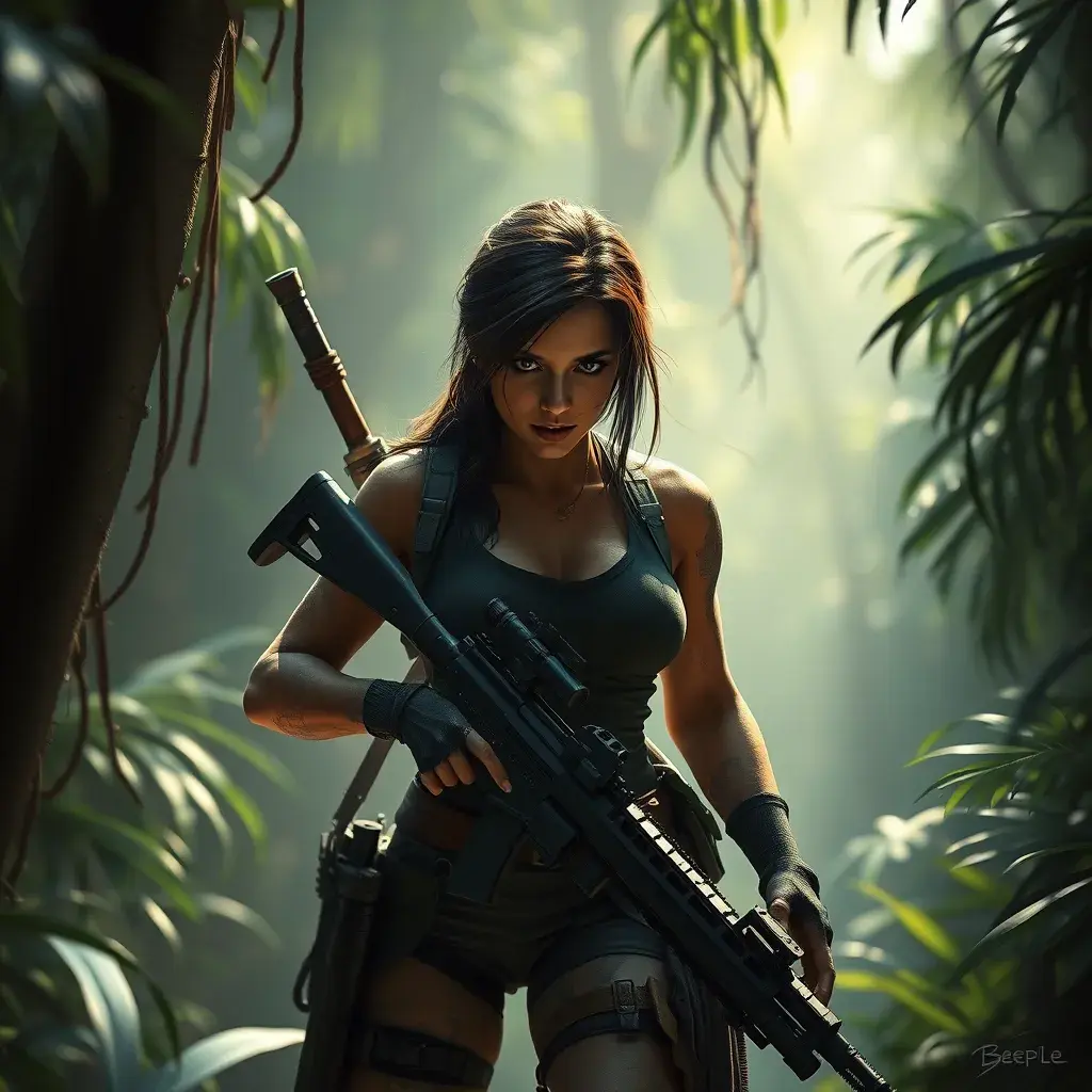 Full body portrait of a beautiful armed Lara Croft emerging from the jungle, Highly Detailed, Intricate, Sharp Focus, Volumetric Lighting, Fantasy, Elegant, Threatening by Beeple