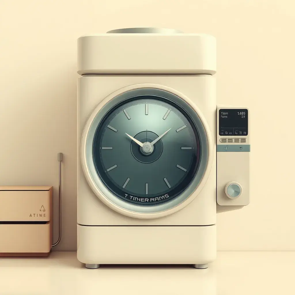 A Time Machine designed by Dieter Rams. stunning industrial design. Natural colors, mid century modern design, Highly Detailed, Hyper Detailed, Vintage Illustration, Sharp Focus, Smooth, Octane Render, Vector Art