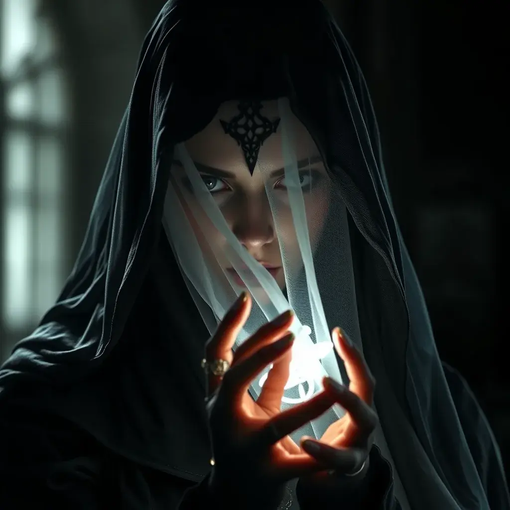 Veiled female necromancer, Gothic and Fantasy, Elden Ring, Photo Realistic, Dynamic Lighting