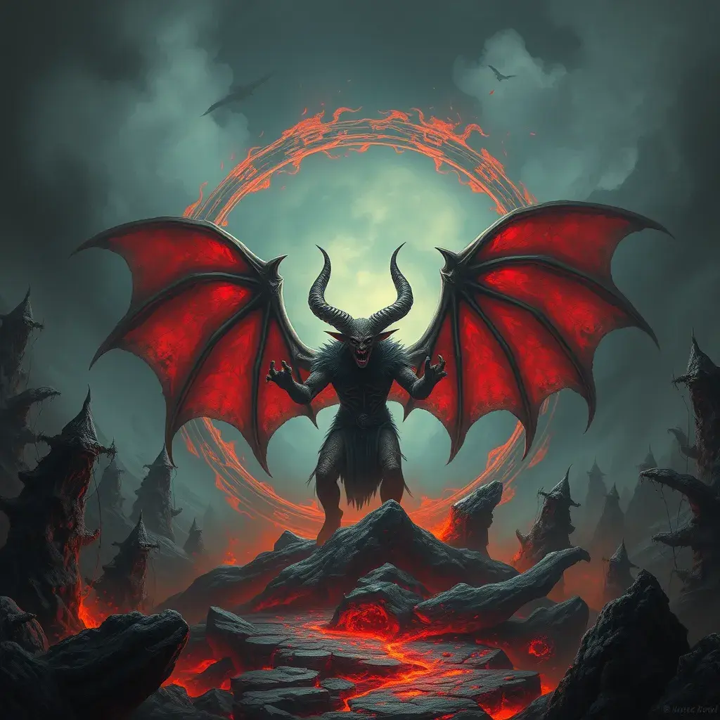 The devil in an Elden ring hellscape, Eldritch, Fantasy, Apocalyptic, Doom, Dreadful, Forbidding, Frightful, Harrowing, Ominous, Shocking, Terrifying, Threatening, Unnerving
