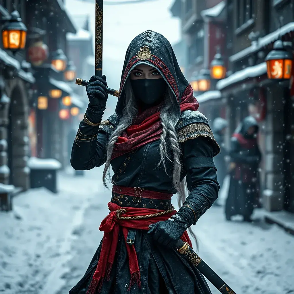 Mysterious beautiful white kunoichi ninja wearing black, red and gold in the streets of a dark snowy town in russia, Intricate Details, Photo Realistic