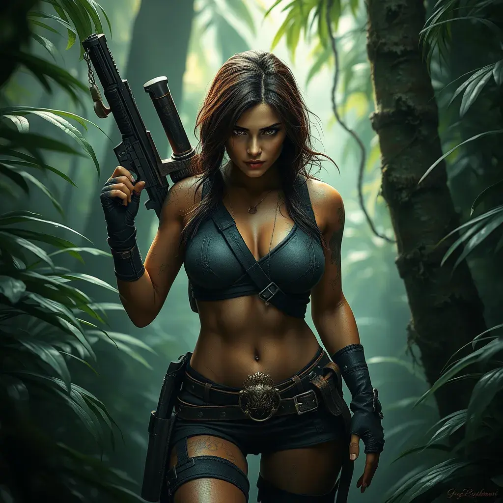 Full body portrait of a beautiful armed Lara Croft emerging from the jungle, Highly Detailed, Intricate, Sharp Focus, Volumetric Lighting, Fantasy, Elegant, Threatening by Greg Rutkowski