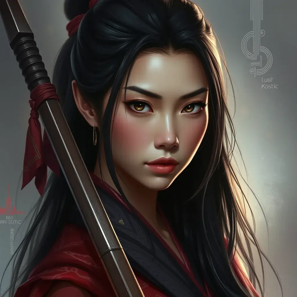 Mulan, Ultra Detailed, Half Body, Beautiful, Matte Painting, Sharp Focus, Portrait, Fantasy by Stefan Kostic