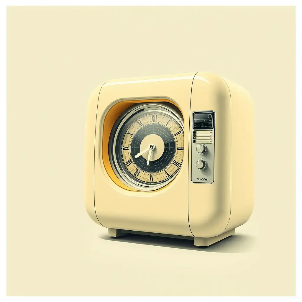 A Time Machine designed by Dieter Rams. stunning industrial design. Natural colors, mid century modern design, Highly Detailed, Hyper Detailed, Vintage Illustration, Sharp Focus, Smooth, Octane Render, Vector Art by Stanley Artgerm Lau