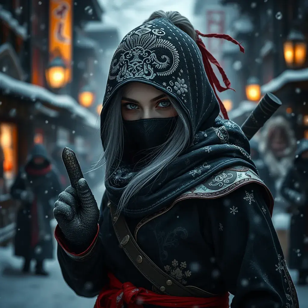 Mysterious beautiful white kunoichi ninja wearing black, red and gold in the streets of a dark snowy town in russia, Intricate Details, Bokeh effect, Photo Realistic, Volumetric Lighting by Stefan Kostic