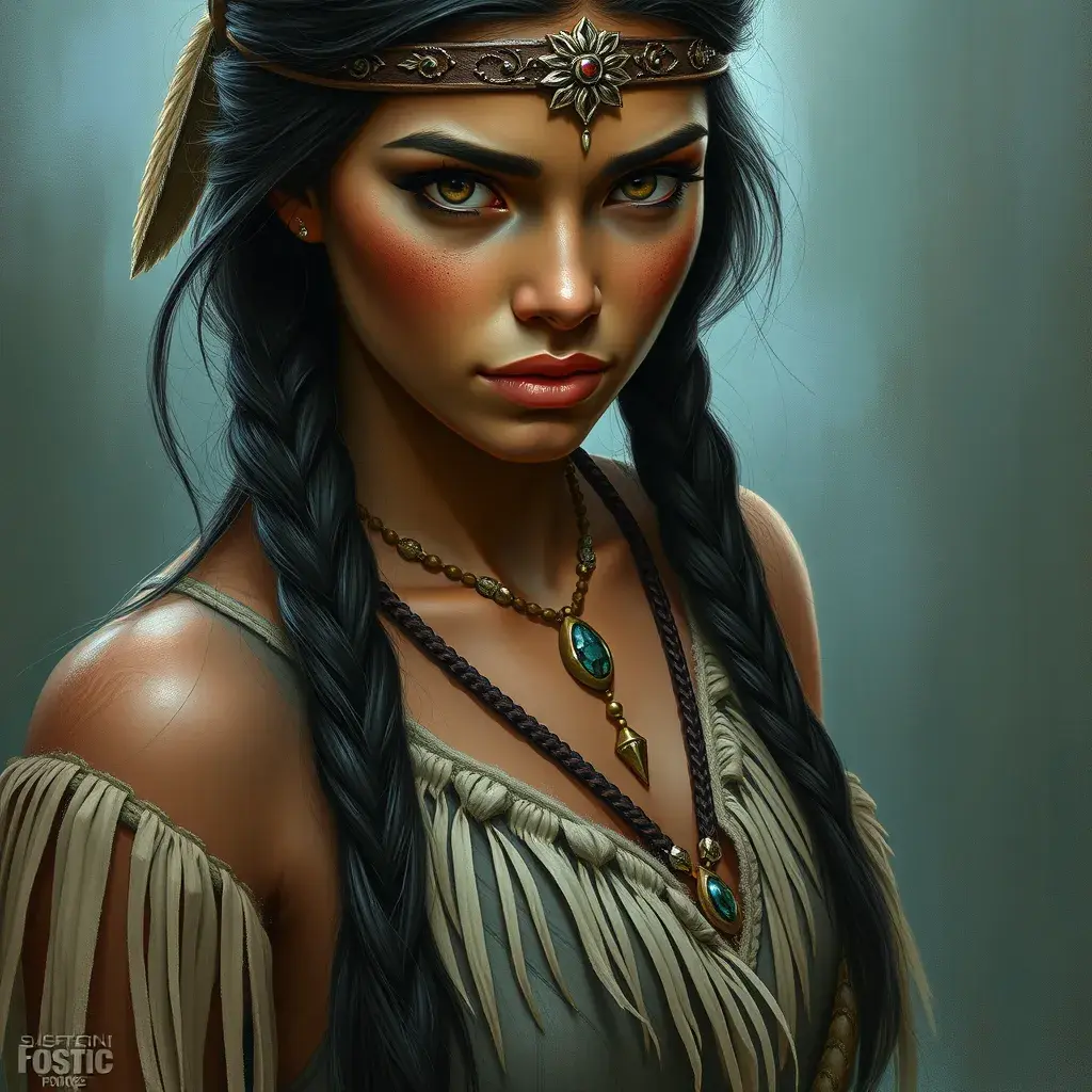 Pocahontas, Ultra Detailed, Half Body, Beautiful, Matte Painting, Sharp Focus, Portrait, Fantasy by Stefan Kostic