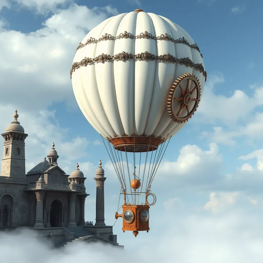 White steampunk hot air balloon with gears, Victorian style Ancient buildings, archeological ruins of lost civilizations and technology, Steampunk, Iridescence